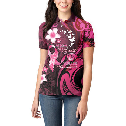 Personalised Memorial Breast Cancer Support Women Polo Shirt Plumeria Floral Tribal Pattern