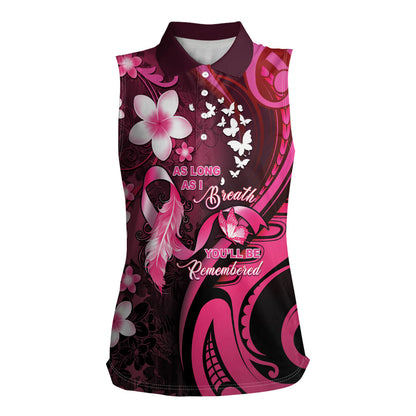 Personalised Memorial Breast Cancer Support Women Sleeveless Polo Shirt Plumeria Floral Tribal Pattern