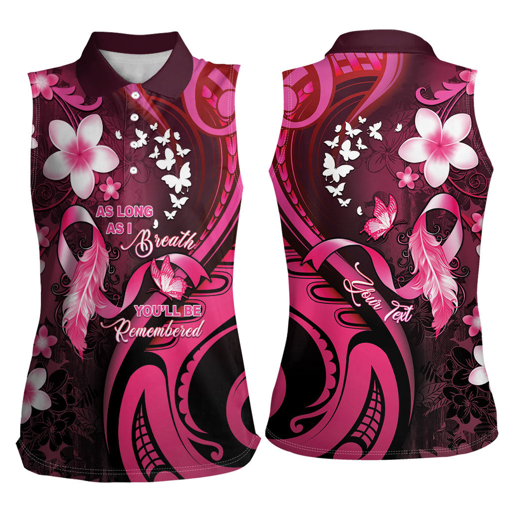 Personalised Memorial Breast Cancer Support Women Sleeveless Polo Shirt Plumeria Floral Tribal Pattern
