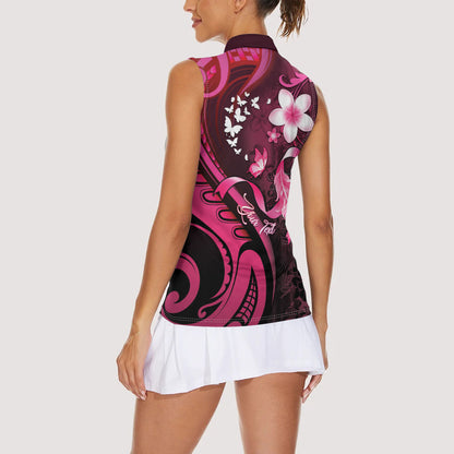 Personalised Memorial Breast Cancer Support Women Sleeveless Polo Shirt Plumeria Floral Tribal Pattern