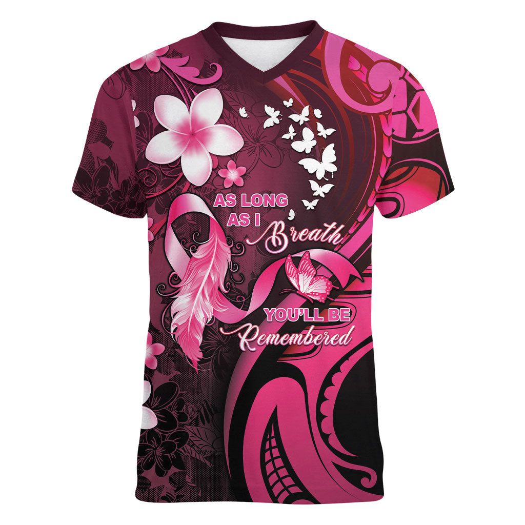 Personalised Memorial Breast Cancer Support Women V-Neck T-Shirt Plumeria Floral Tribal Pattern