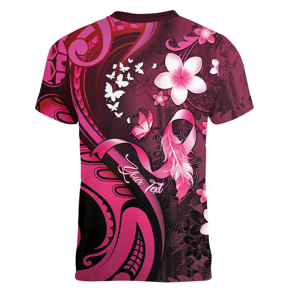 Personalised Memorial Breast Cancer Support Women V-Neck T-Shirt Plumeria Floral Tribal Pattern