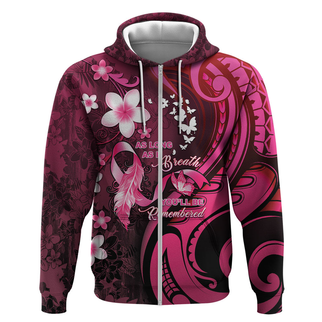 Personalised Memorial Breast Cancer Support Zip Hoodie Plumeria Floral Tribal Pattern