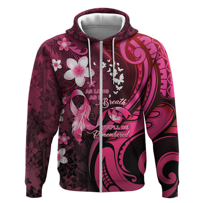 Personalised Memorial Breast Cancer Support Zip Hoodie Plumeria Floral Tribal Pattern