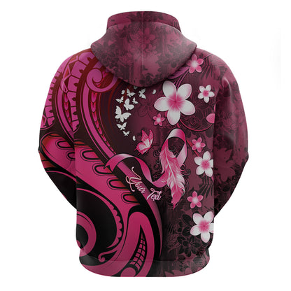 Personalised Memorial Breast Cancer Support Zip Hoodie Plumeria Floral Tribal Pattern