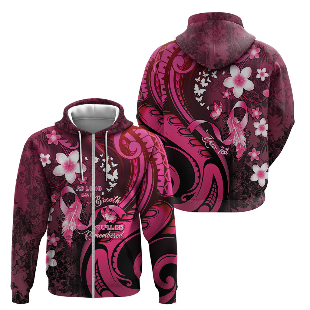 Personalised Memorial Breast Cancer Support Zip Hoodie Plumeria Floral Tribal Pattern
