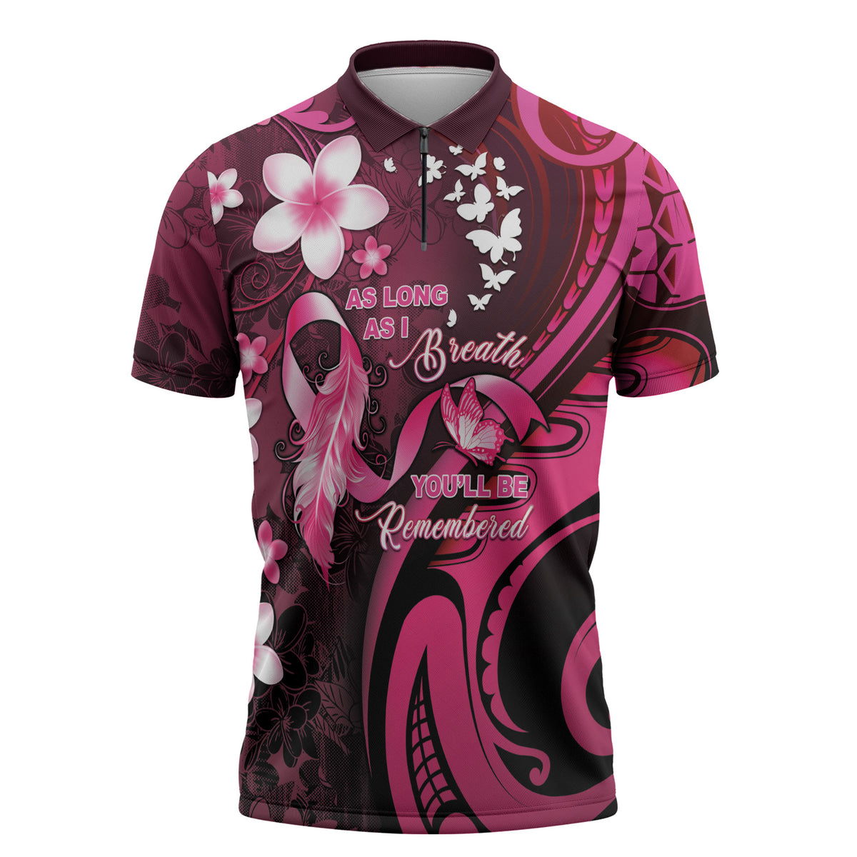 Personalised Memorial Breast Cancer Support Zipper Polo Shirt Plumeria Floral Tribal Pattern