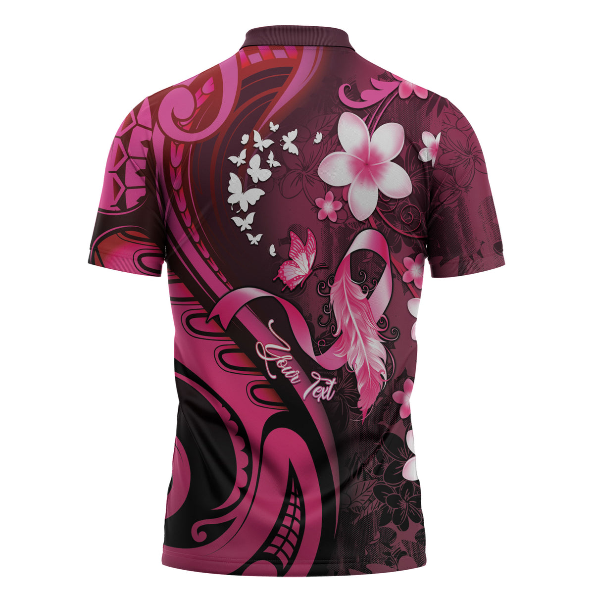 Personalised Memorial Breast Cancer Support Zipper Polo Shirt Plumeria Floral Tribal Pattern