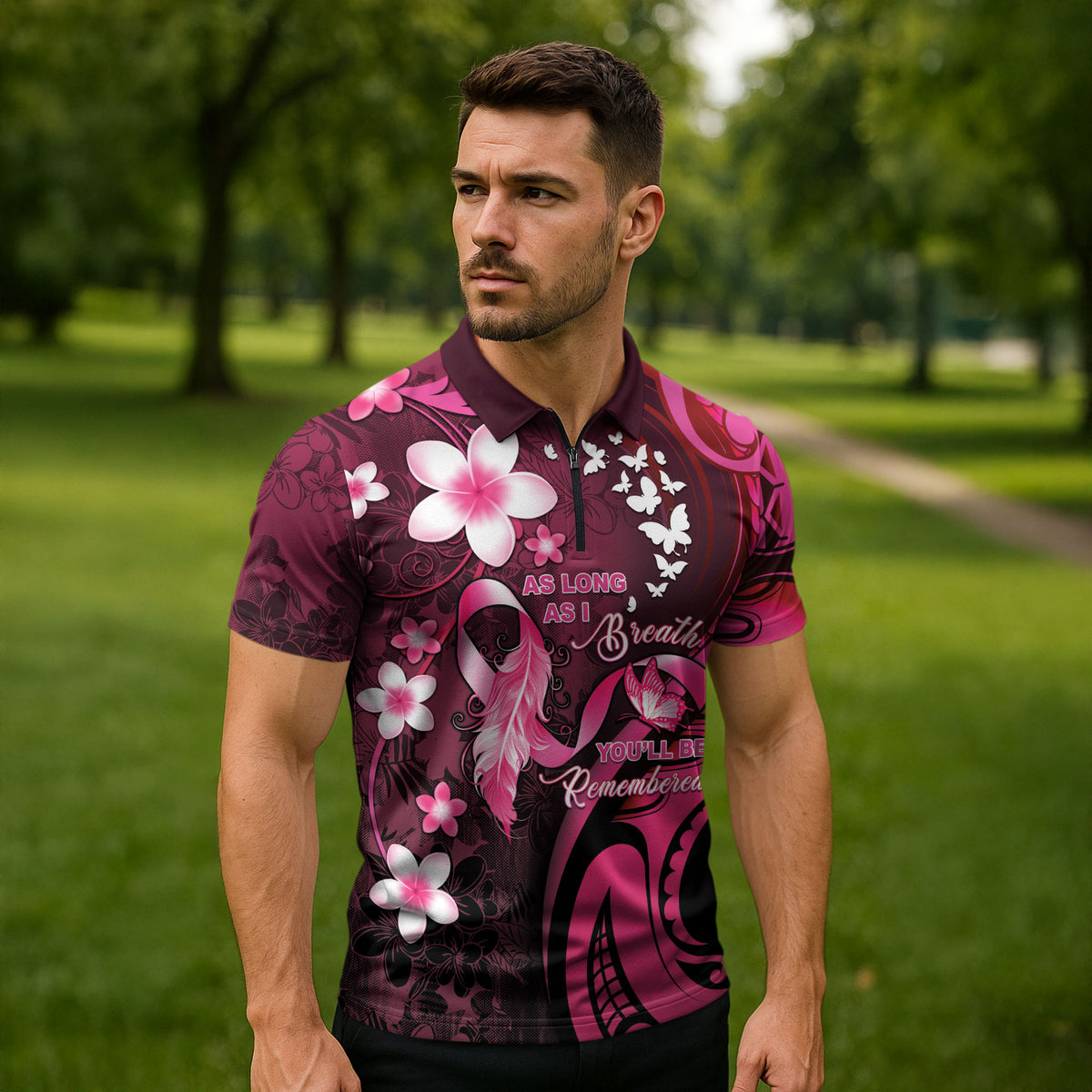 Personalised Memorial Breast Cancer Support Zipper Polo Shirt Plumeria Floral Tribal Pattern