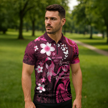 Personalised Memorial Breast Cancer Support Zipper Polo Shirt Plumeria Floral Tribal Pattern