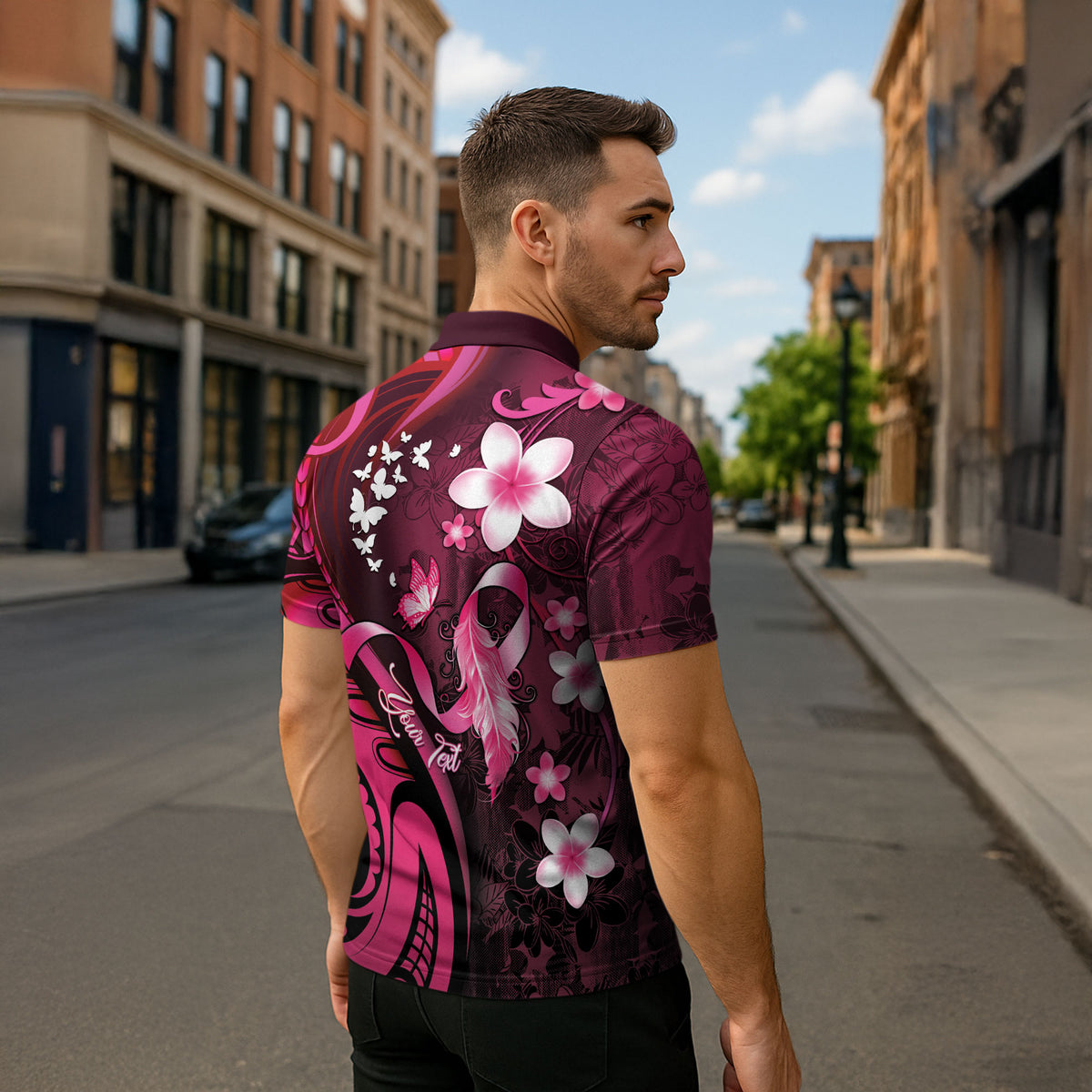 Personalised Memorial Breast Cancer Support Zipper Polo Shirt Plumeria Floral Tribal Pattern