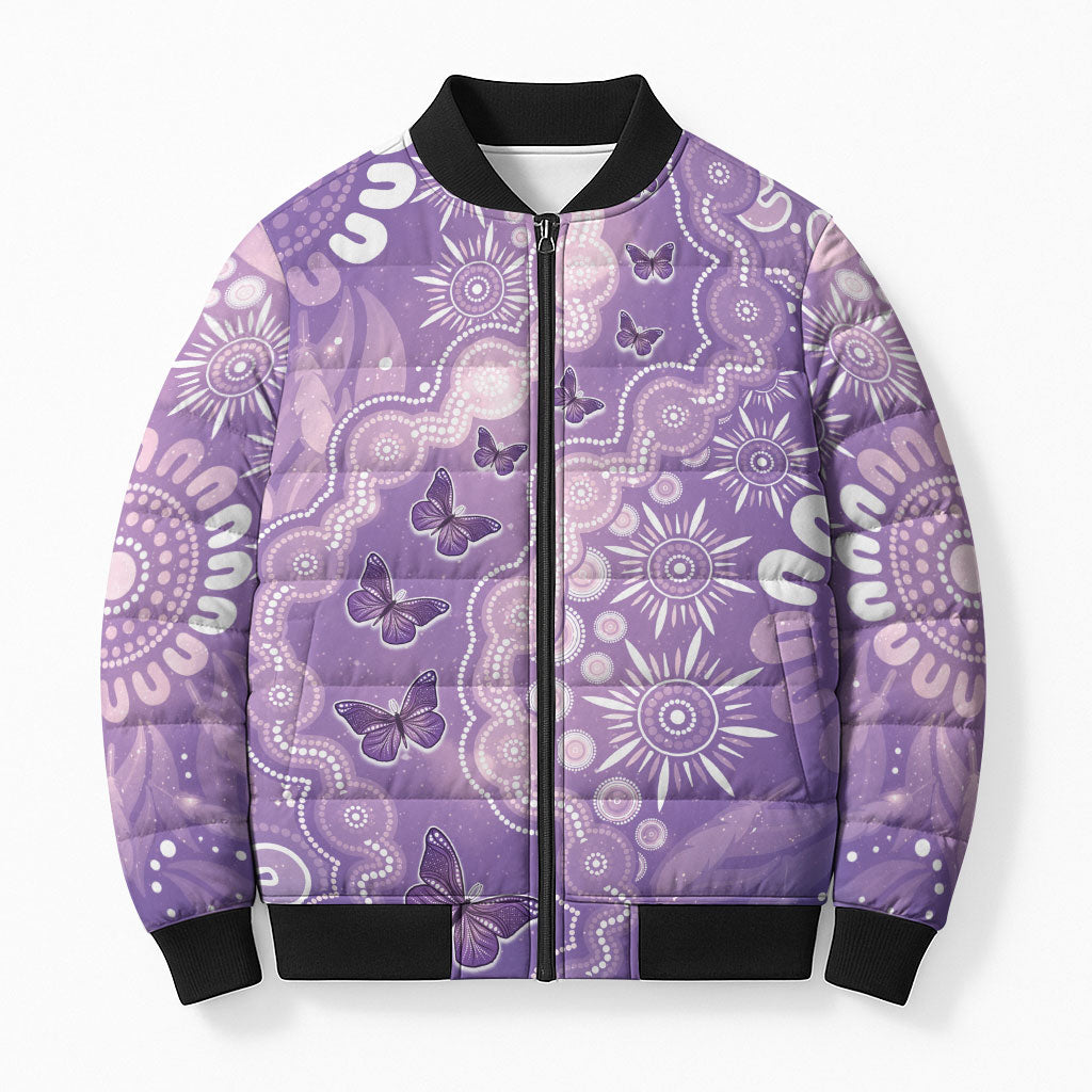 Australia Epilepsy Support Bomber Puffer Jacket Purple Butterflies Aboriginal
