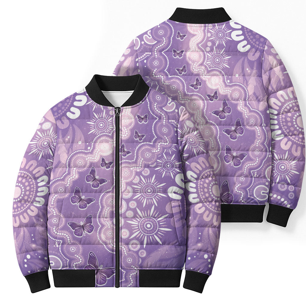 Australia Epilepsy Support Bomber Puffer Jacket Purple Butterflies Aboriginal