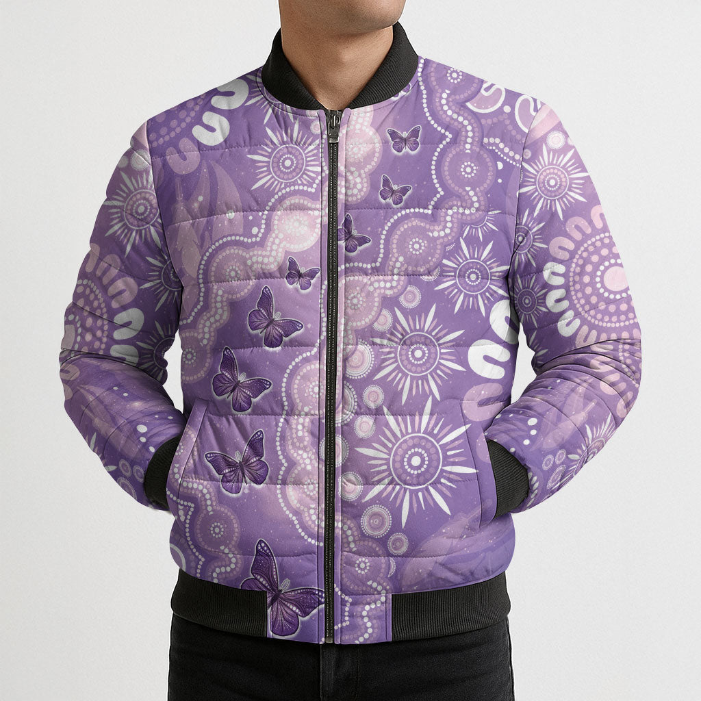 Australia Epilepsy Support Bomber Puffer Jacket Purple Butterflies Aboriginal