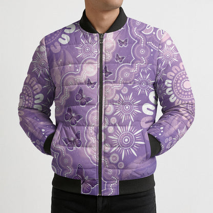 Australia Epilepsy Support Bomber Puffer Jacket Purple Butterflies Aboriginal