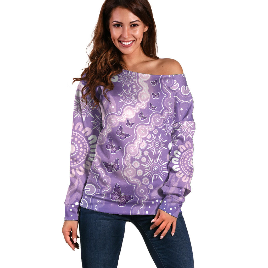 Australia Epilepsy Support Off Shoulder Sweater Purple Butterflies Aboriginal