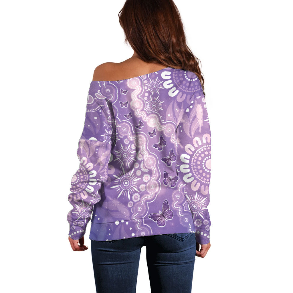 Australia Epilepsy Support Off Shoulder Sweater Purple Butterflies Aboriginal