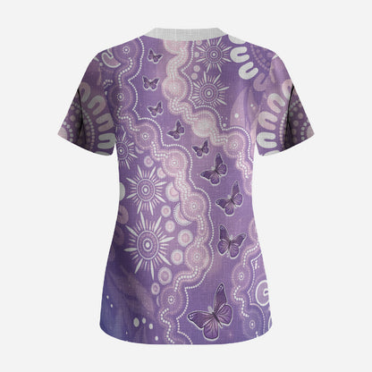 Australia Epilepsy Support Scrub Top Purple Butterflies Aboriginal
