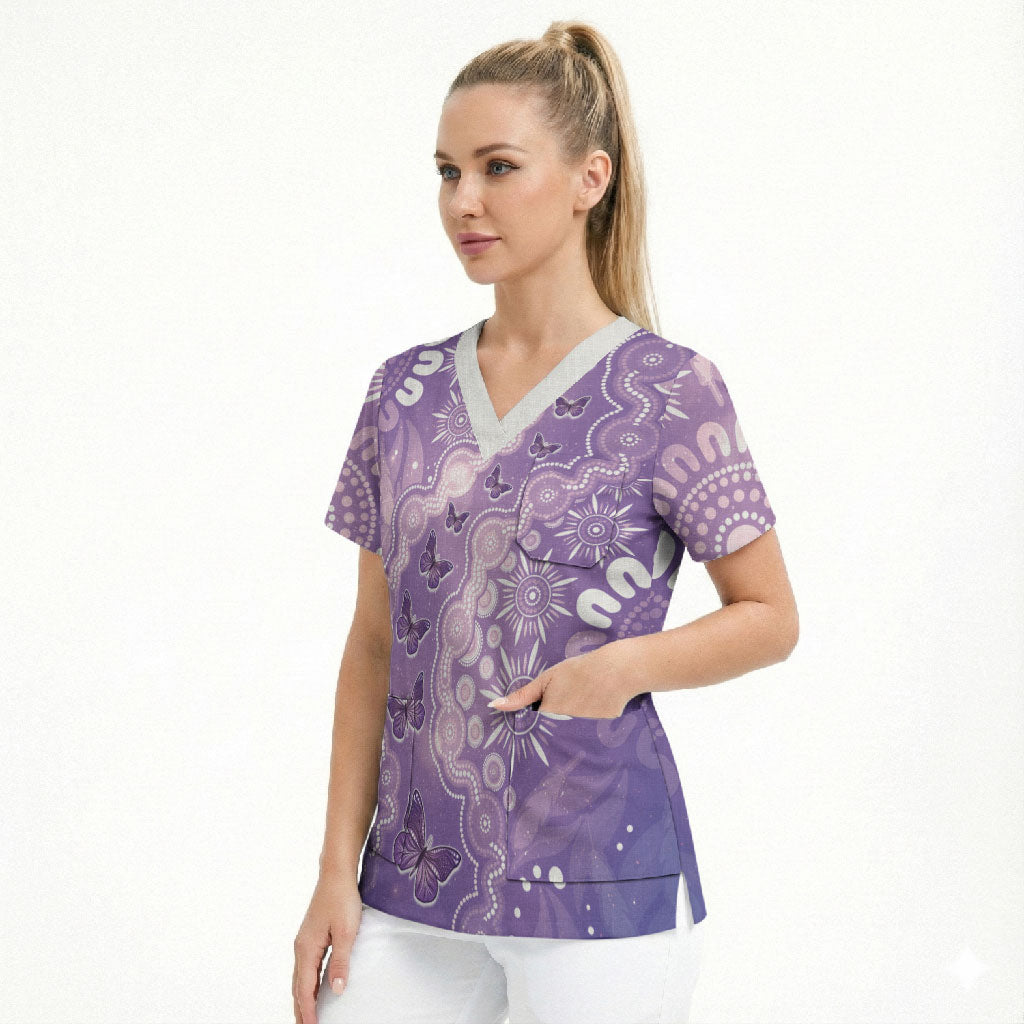 Australia Epilepsy Support Scrub Top Purple Butterflies Aboriginal