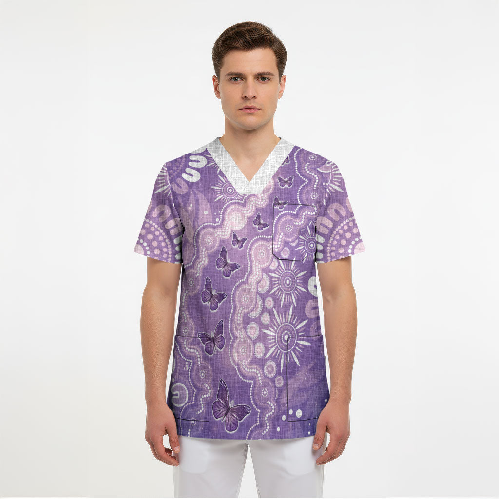 Australia Epilepsy Support Scrub Top Purple Butterflies Aboriginal