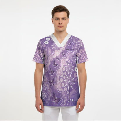 Australia Epilepsy Support Scrub Top Purple Butterflies Aboriginal