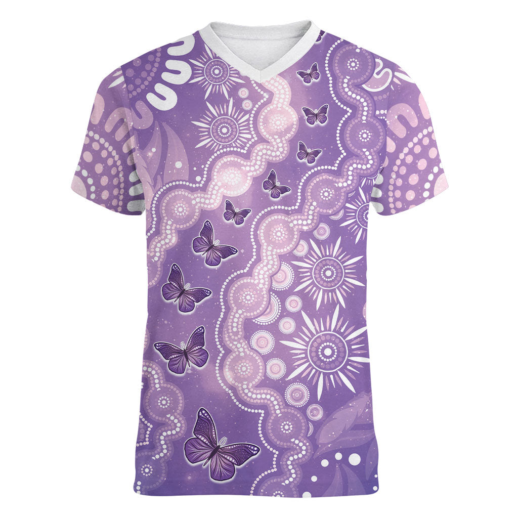 Australia Epilepsy Support Women V-Neck T-Shirt Purple Butterflies Aboriginal