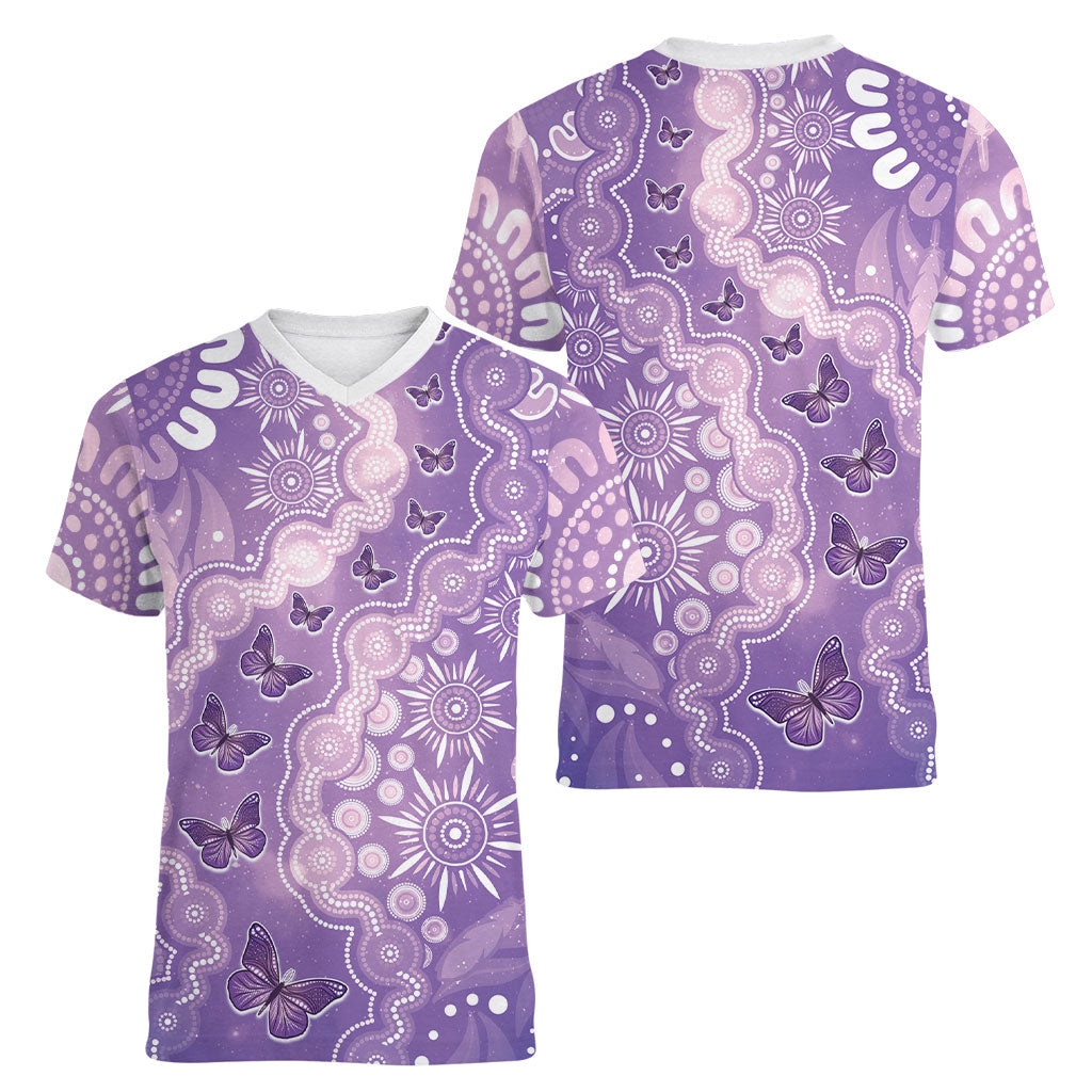 Australia Epilepsy Support Women V-Neck T-Shirt Purple Butterflies Aboriginal