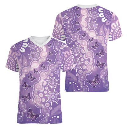 Australia Epilepsy Support Women V-Neck T-Shirt Purple Butterflies Aboriginal