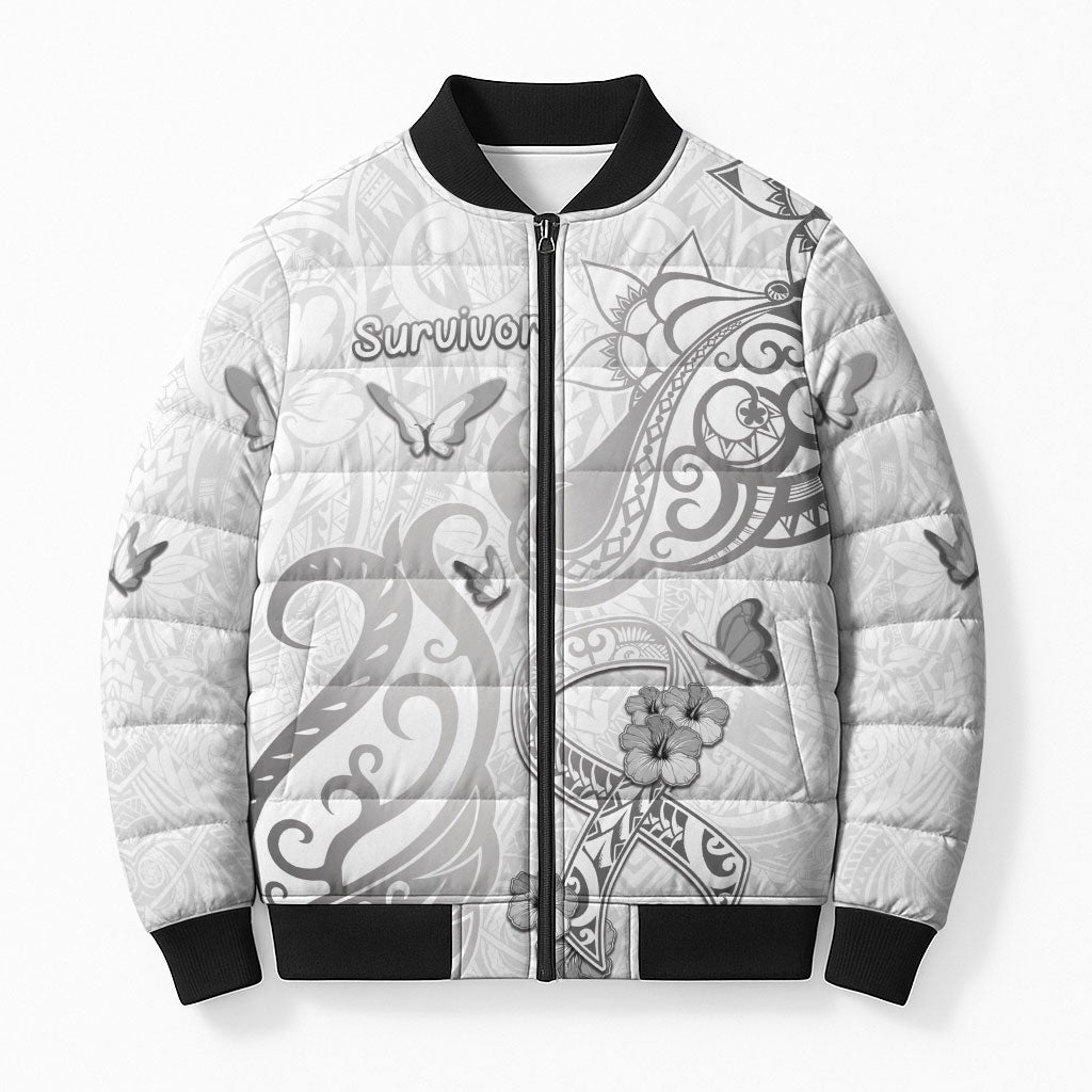 Personalised Brain Cancer Support Bomber Puffer Jacket Ribbon Polynesian Pattern