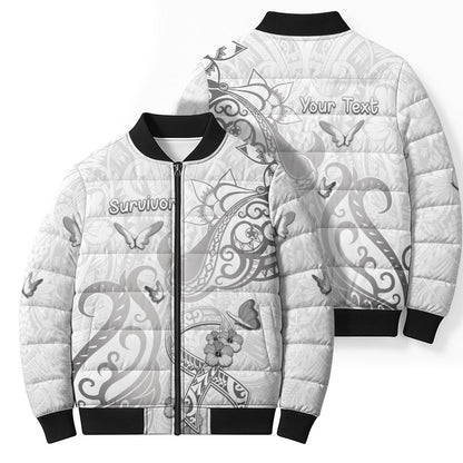 Personalised Brain Cancer Support Bomber Puffer Jacket Ribbon Polynesian Pattern
