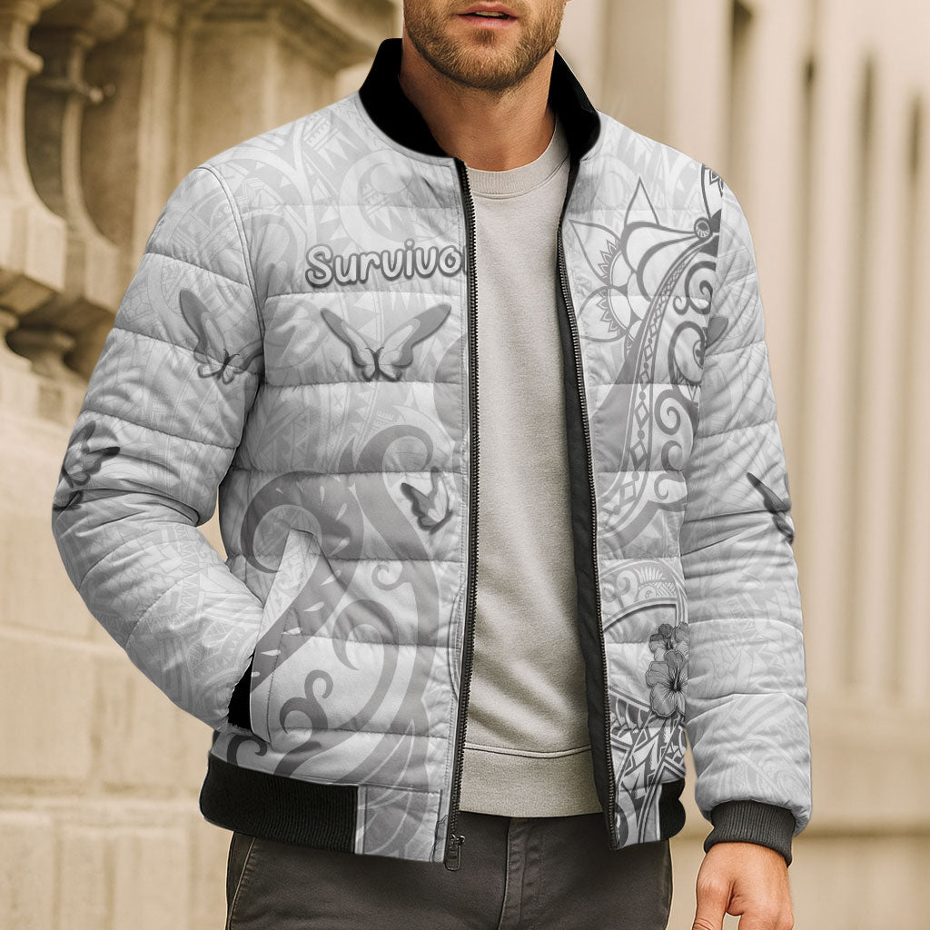 Personalised Brain Cancer Support Bomber Puffer Jacket Ribbon Polynesian Pattern