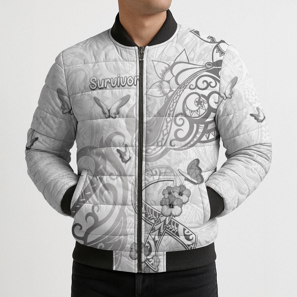 Personalised Brain Cancer Support Bomber Puffer Jacket Ribbon Polynesian Pattern