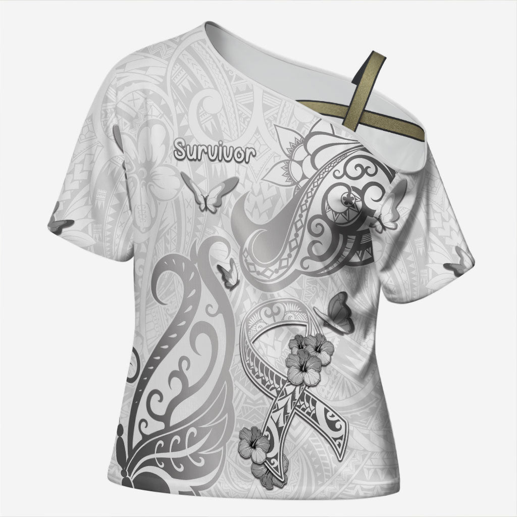 Personalised Brain Cancer Support Cross Shoulder Shirt Ribbon Polynesian Pattern