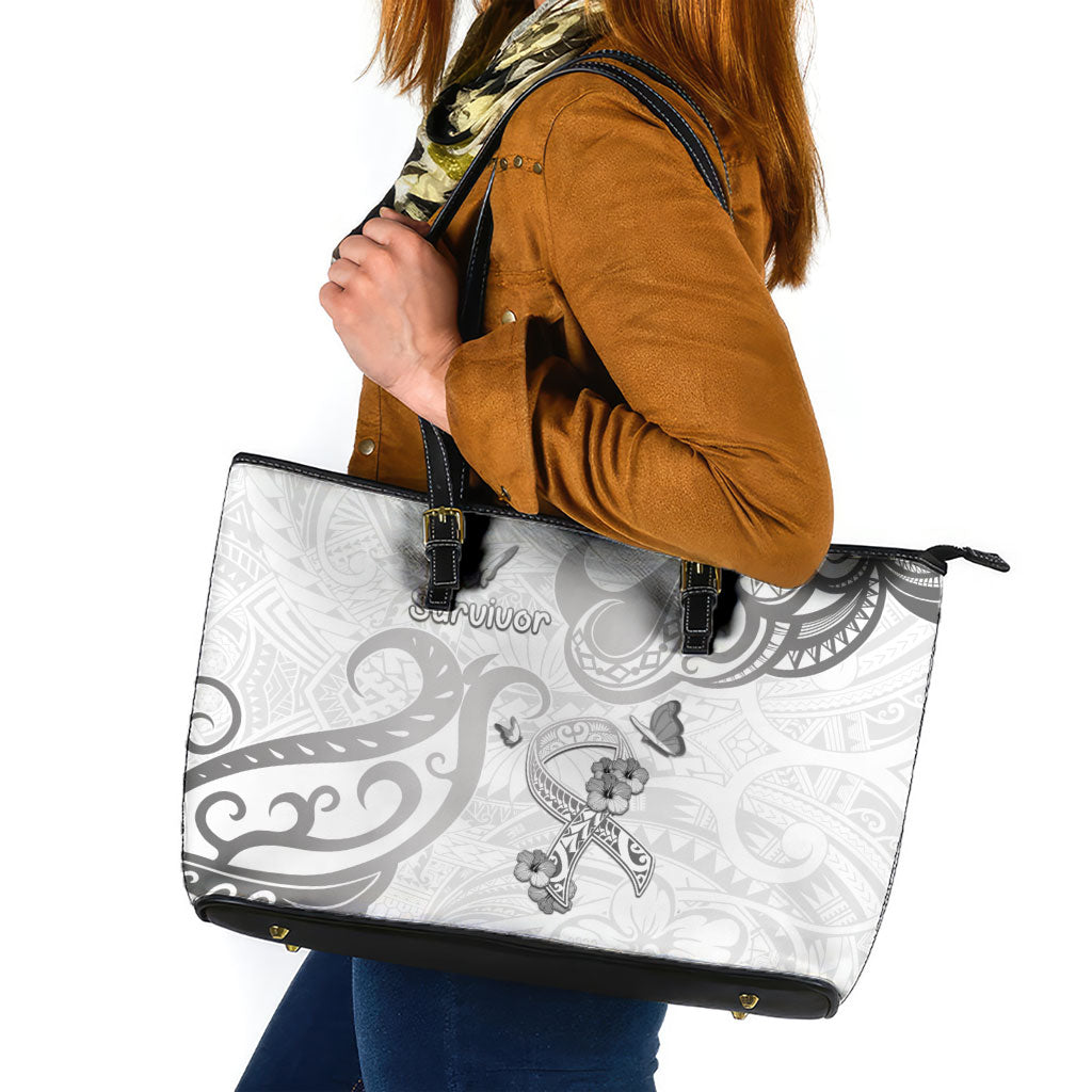Brain Cancer Support Leather Tote Bag Ribbon Polynesian Pattern