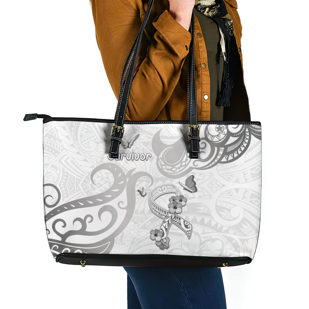 Brain Cancer Support Leather Tote Bag Ribbon Polynesian Pattern