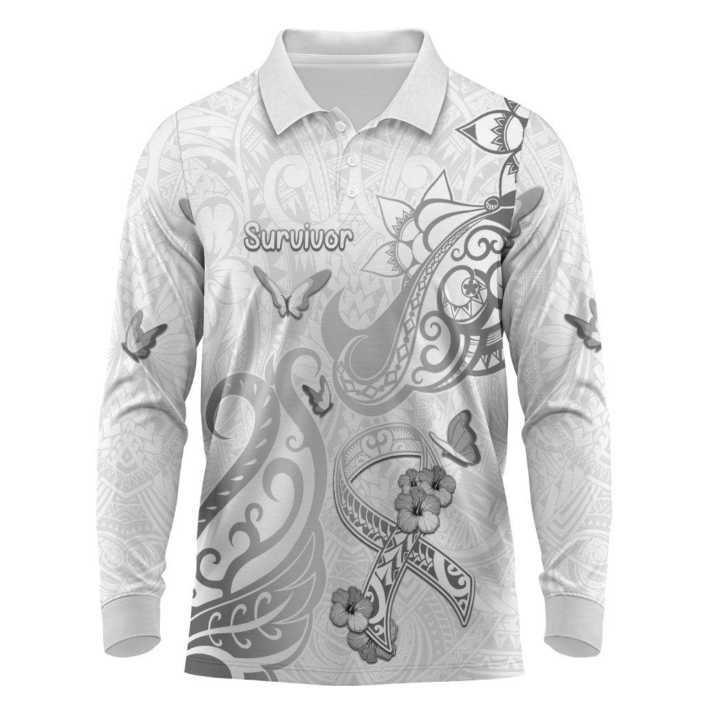 Personalised Brain Cancer Support Long Sleeve Polo Shirt Ribbon Polynesian Pattern