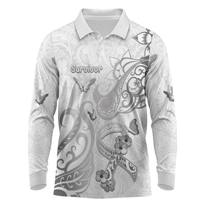 Personalised Brain Cancer Support Long Sleeve Polo Shirt Ribbon Polynesian Pattern