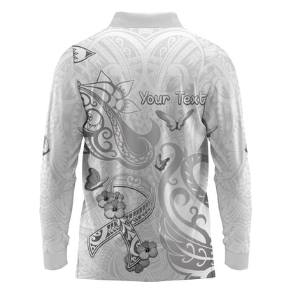 Personalised Brain Cancer Support Long Sleeve Polo Shirt Ribbon Polynesian Pattern