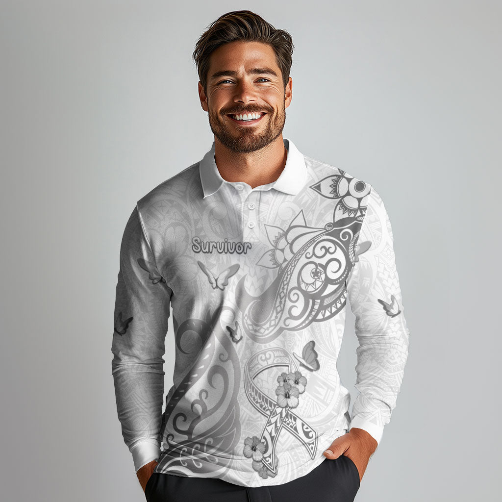 Personalised Brain Cancer Support Long Sleeve Polo Shirt Ribbon Polynesian Pattern