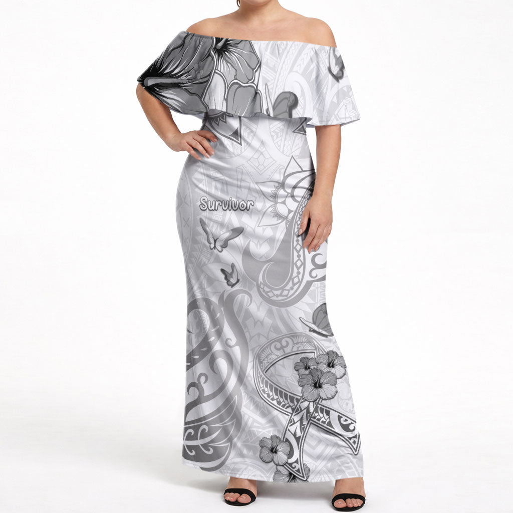 Personalised Brain Cancer Support Off Shoulder Maxi Dress Ribbon Polynesian Pattern