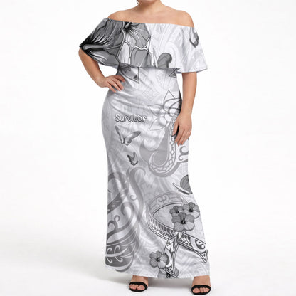Personalised Brain Cancer Support Off Shoulder Maxi Dress Ribbon Polynesian Pattern