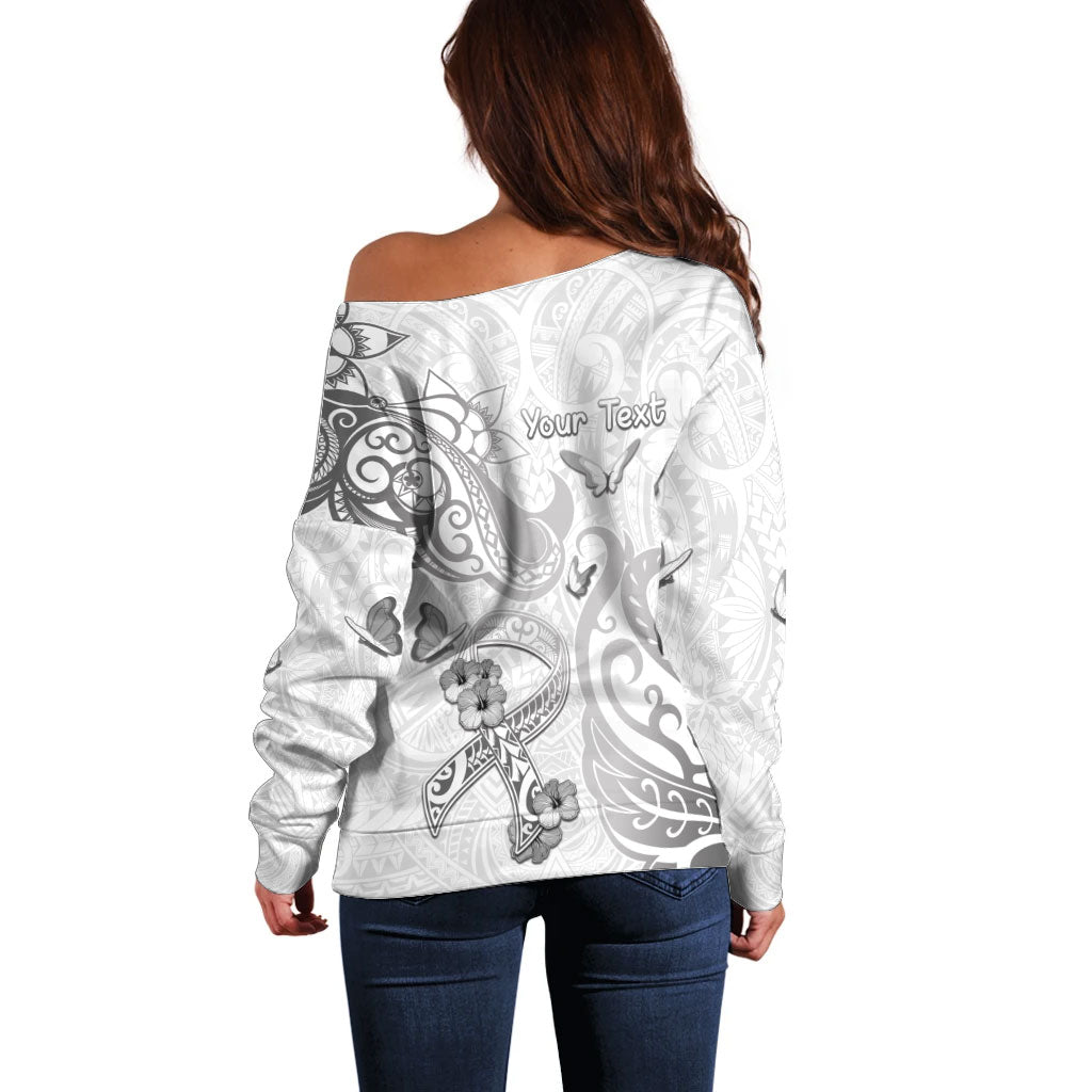 Personalised Brain Cancer Support Off Shoulder Sweater Ribbon Polynesian Pattern
