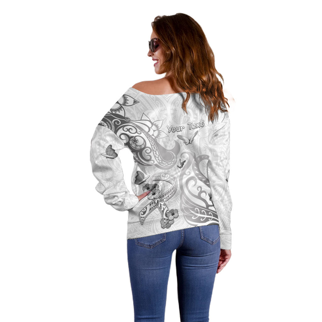 Personalised Brain Cancer Support Off Shoulder Sweater Ribbon Polynesian Pattern