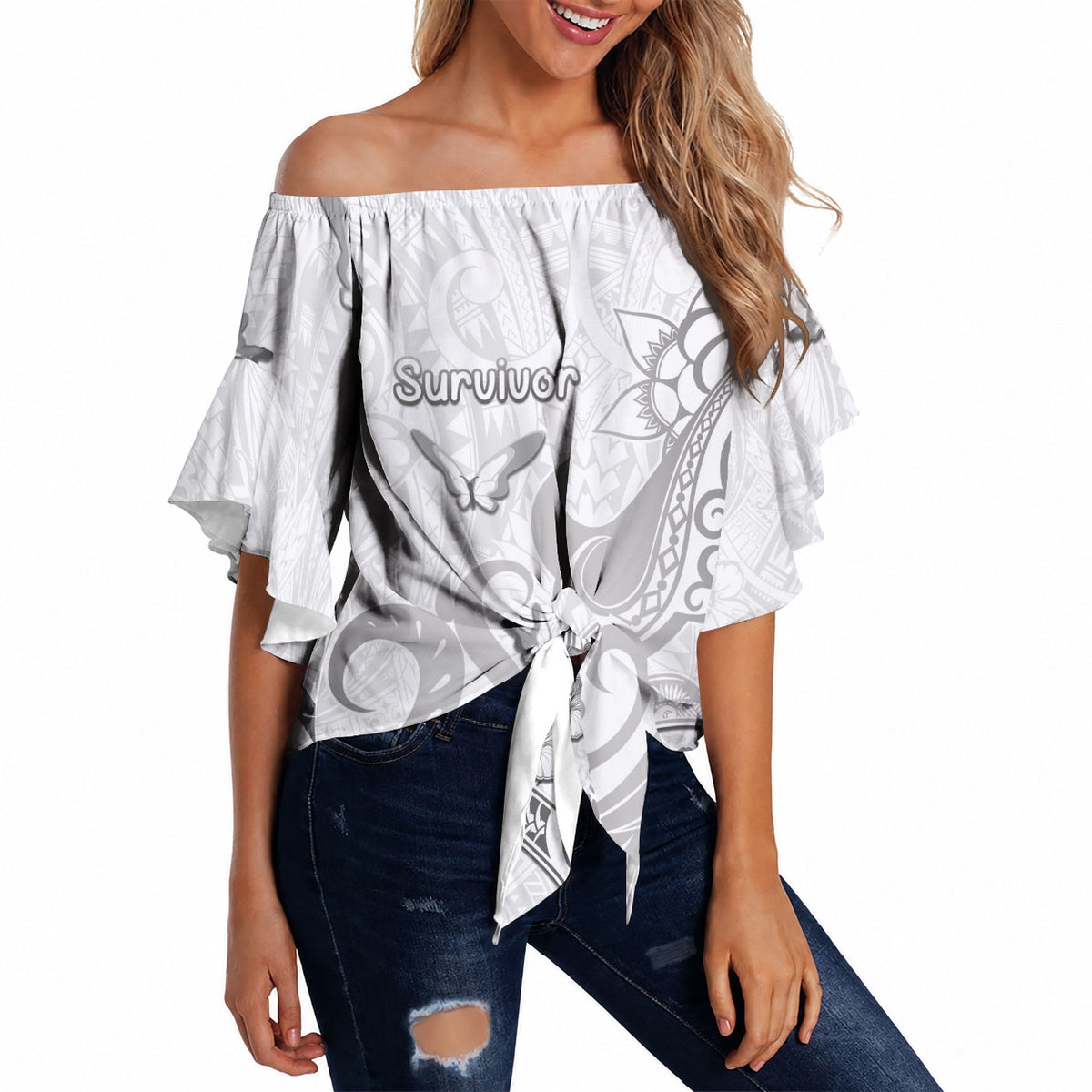 Personalised Brain Cancer Support Off Shoulder Wrap Waist Top Ribbon Polynesian Pattern