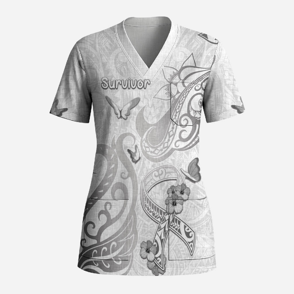 Personalised Brain Cancer Support Scrub Top Ribbon Polynesian Pattern