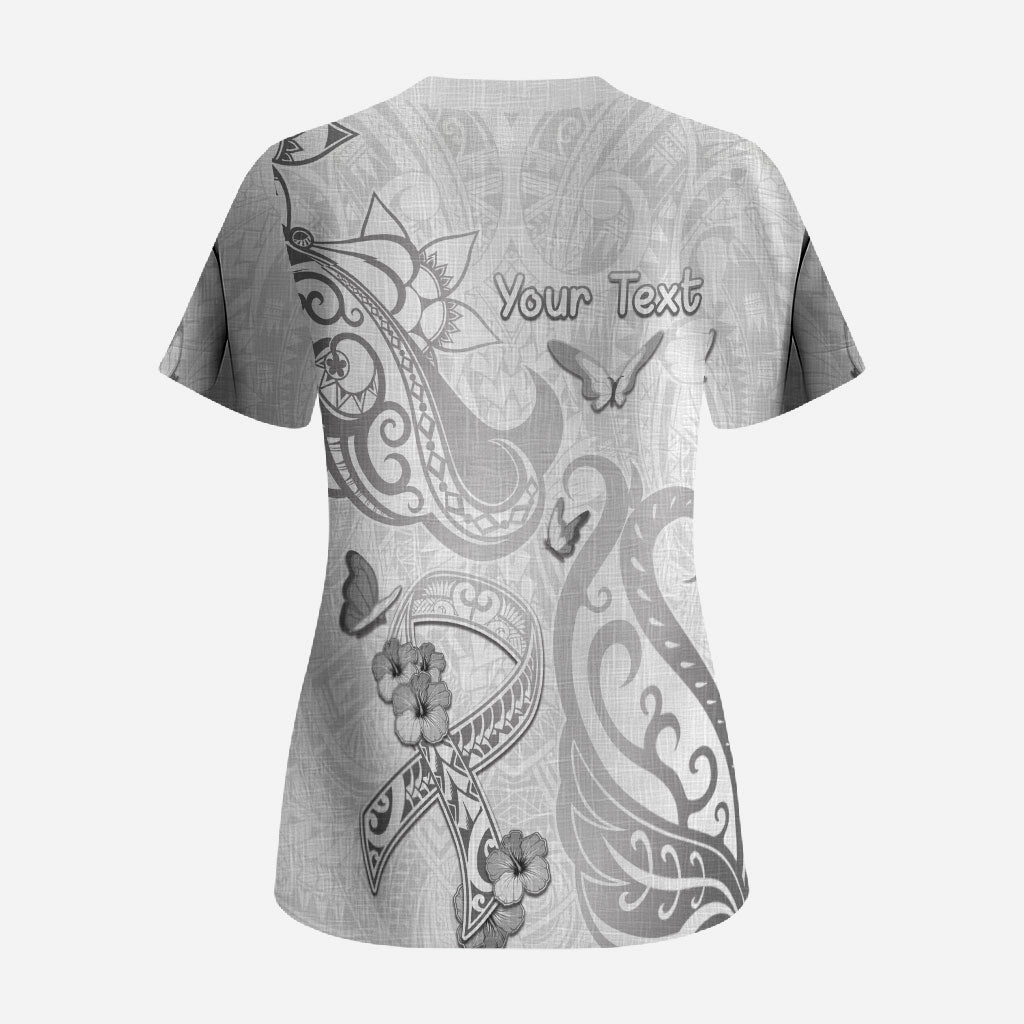 Personalised Brain Cancer Support Scrub Top Ribbon Polynesian Pattern