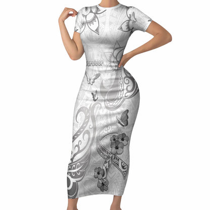 Personalised Brain Cancer Support Short Sleeve Bodycon Dress Ribbon Polynesian Pattern
