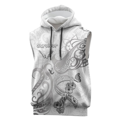 Personalised Brain Cancer Support Sleeveless Hoodie Ribbon Polynesian Pattern