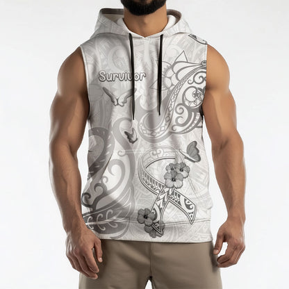 Personalised Brain Cancer Support Sleeveless Hoodie Ribbon Polynesian Pattern