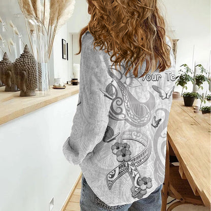 Personalised Brain Cancer Support Women Casual Shirt Ribbon Polynesian Pattern